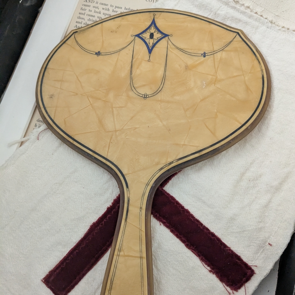 Vintage Tan and Blue Bakelite Hand Mirror